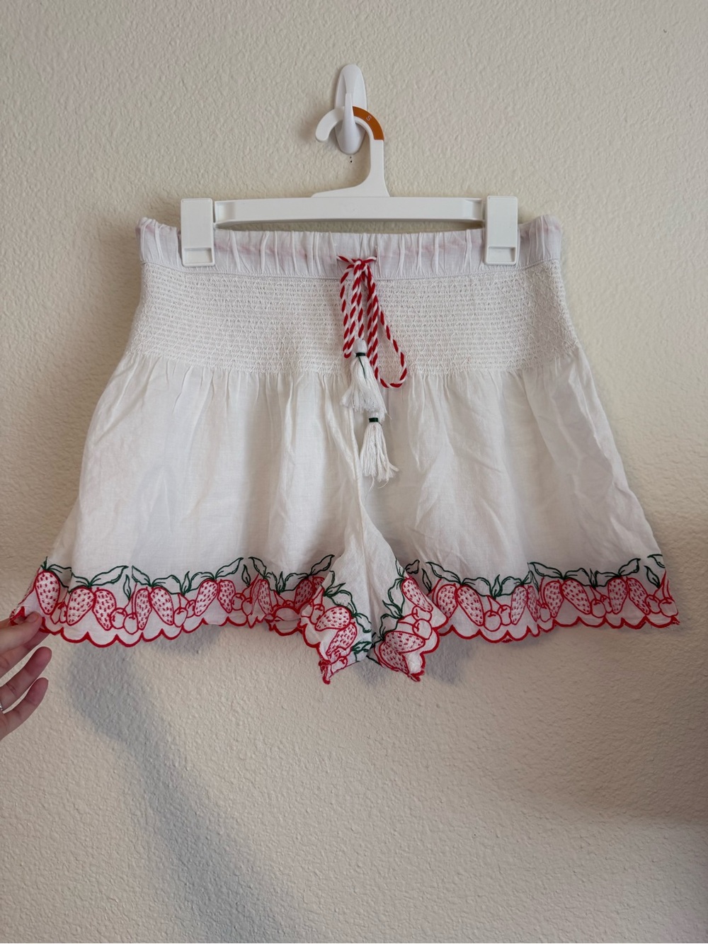 Joie Strawberry Cherry Embroidery White 100% Cotton Smocked Shorts